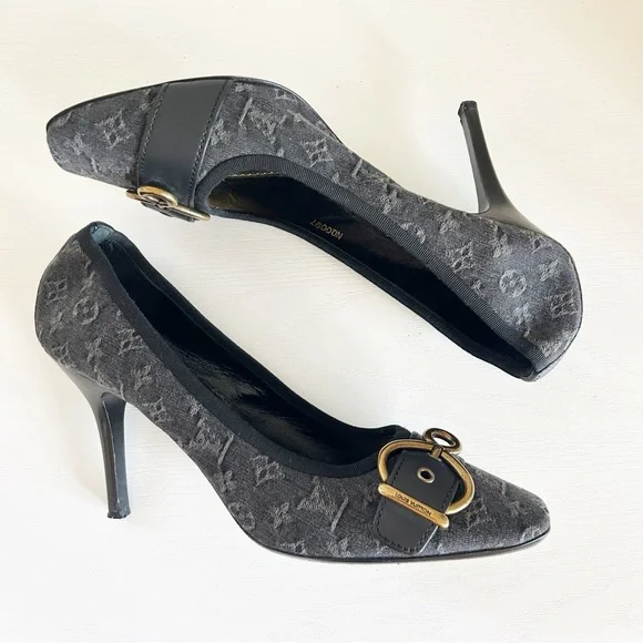 Louis Vuitton Vintage Monogram Canvas Black Gray Buckle Heels Pumps Size EU 39.5 - Picture 5 of 15